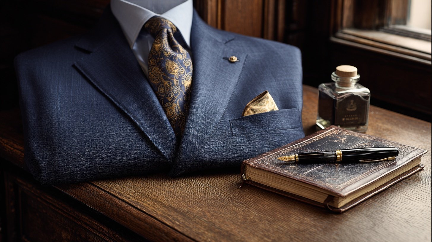 A formal dark blue suit on a mannequin, with a patterned tie, gold pocket square, and a lapel pin, on a wooden desk next to a leather-bound notebook, a black fountain pen, and a bottle of perfume.
