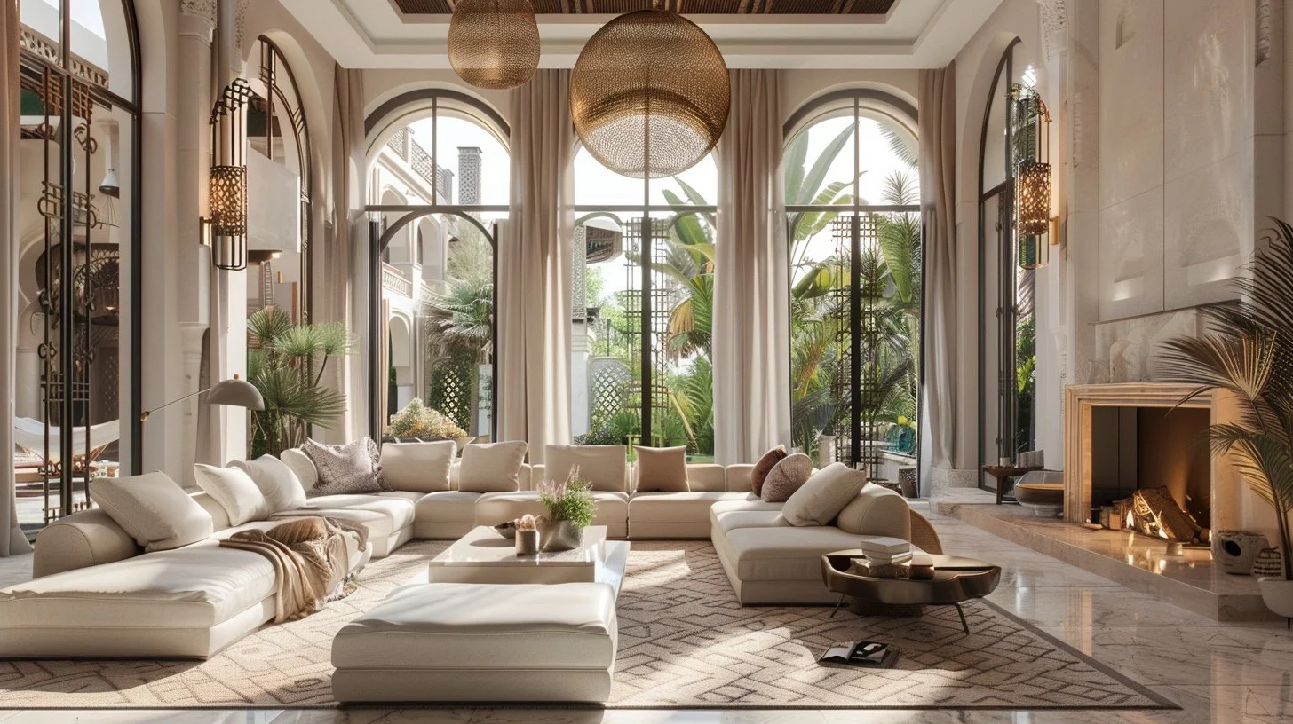 Luxurious living room with high ceilings, large arched windows, white curtains, beige sectional sofa with pillows, round coffee table, fireplace, and lush green plants outside visible through windows.