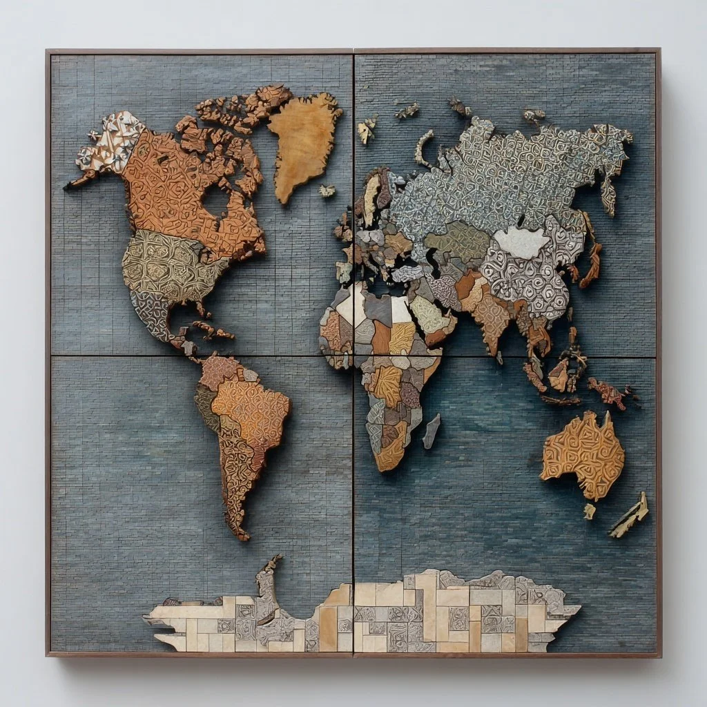 A decorative world map made of wooden pieces mounted on a blue textured background.