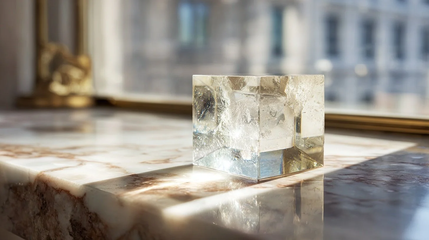 A clear glass cube with ice on a marble windowsill with sunlight shining through, in a room with large windows and a city view.