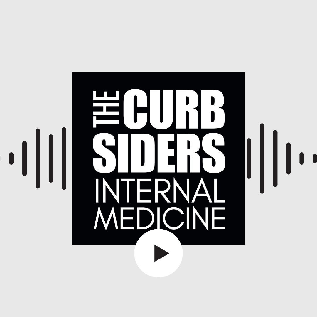 Podcast cover titled 'The CurbSide Siders Internal Medicine', featuring a black background with white text and audio waveform graphics on the sides.