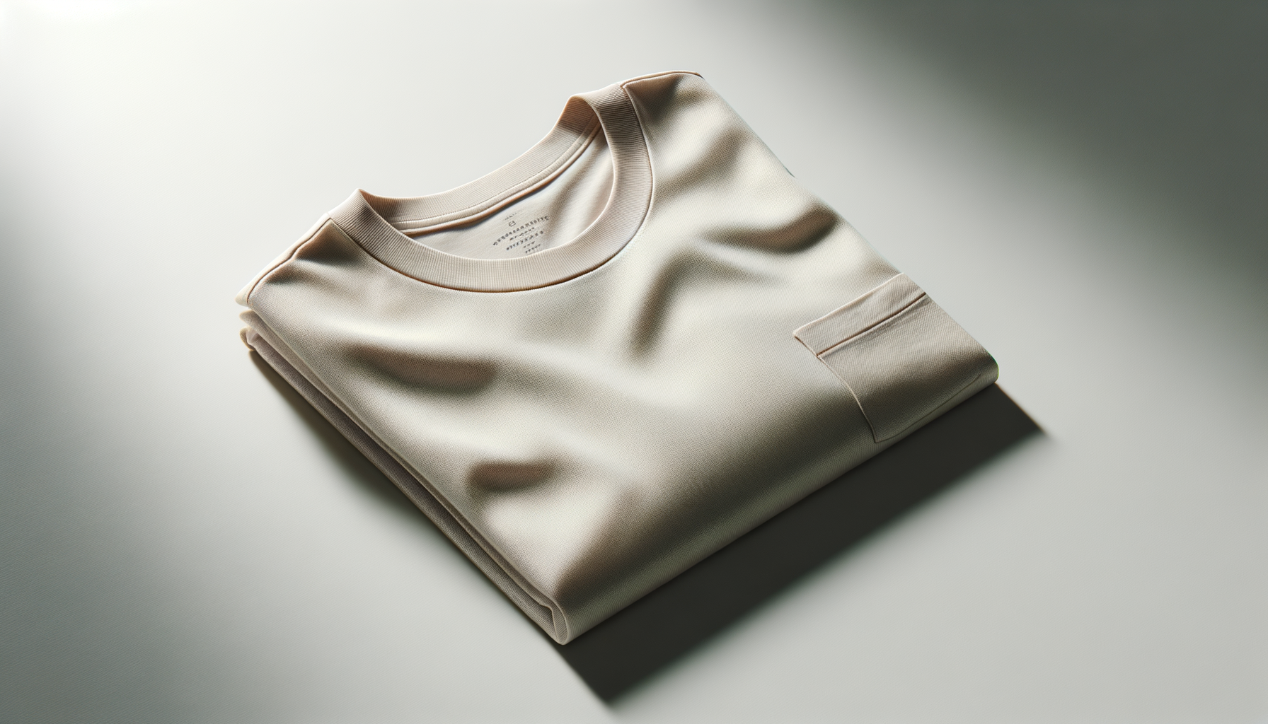 Folded beige sweatshirt on a light gray surface with a shadow to the right.