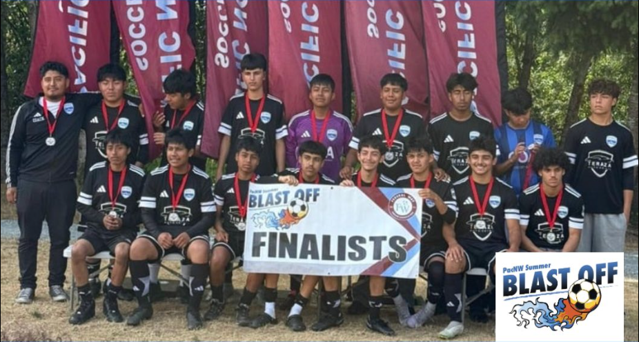 A youth soccer team posing outdoors with a banner that reads 'Finalists' and medals around their necks. They are wearing black uniforms, with some players in purple and one in blue. There are red banners behind them with some text. The team is holding a sign that says 'Blast Off Finalists' with a Rocket League theme.