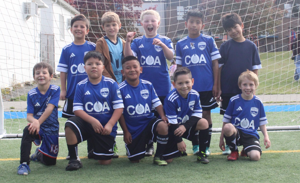 A group of young boys in blue soccer jerseys posing in front of a goal. They are smiling and appear happy, outside on a soccer field.