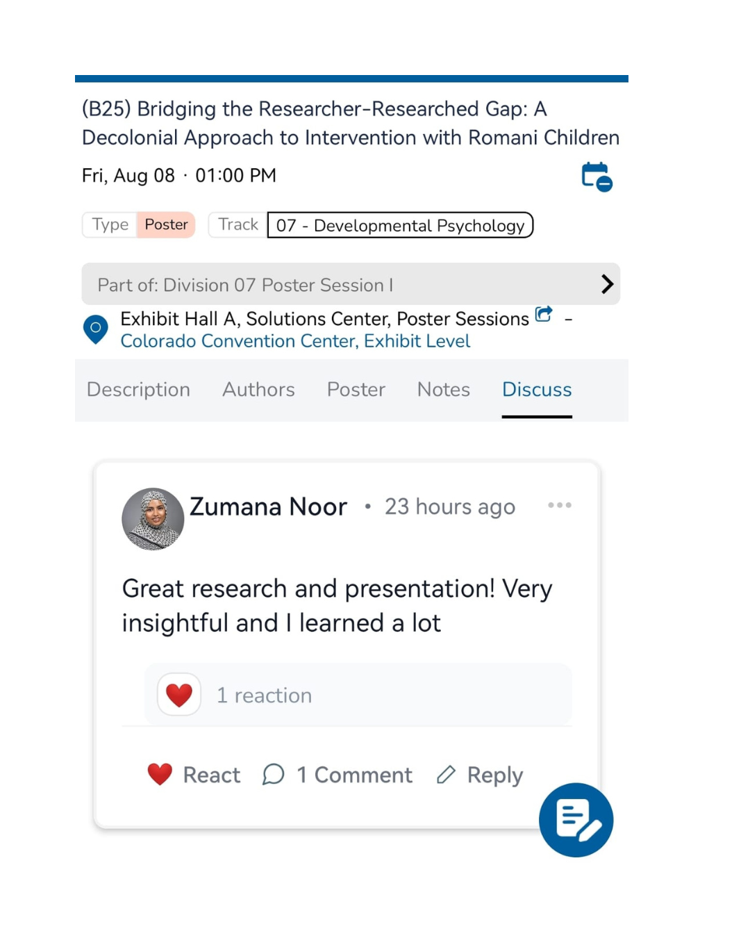 Feedback sobre a apresentação do poster  na rede social da conferência  
