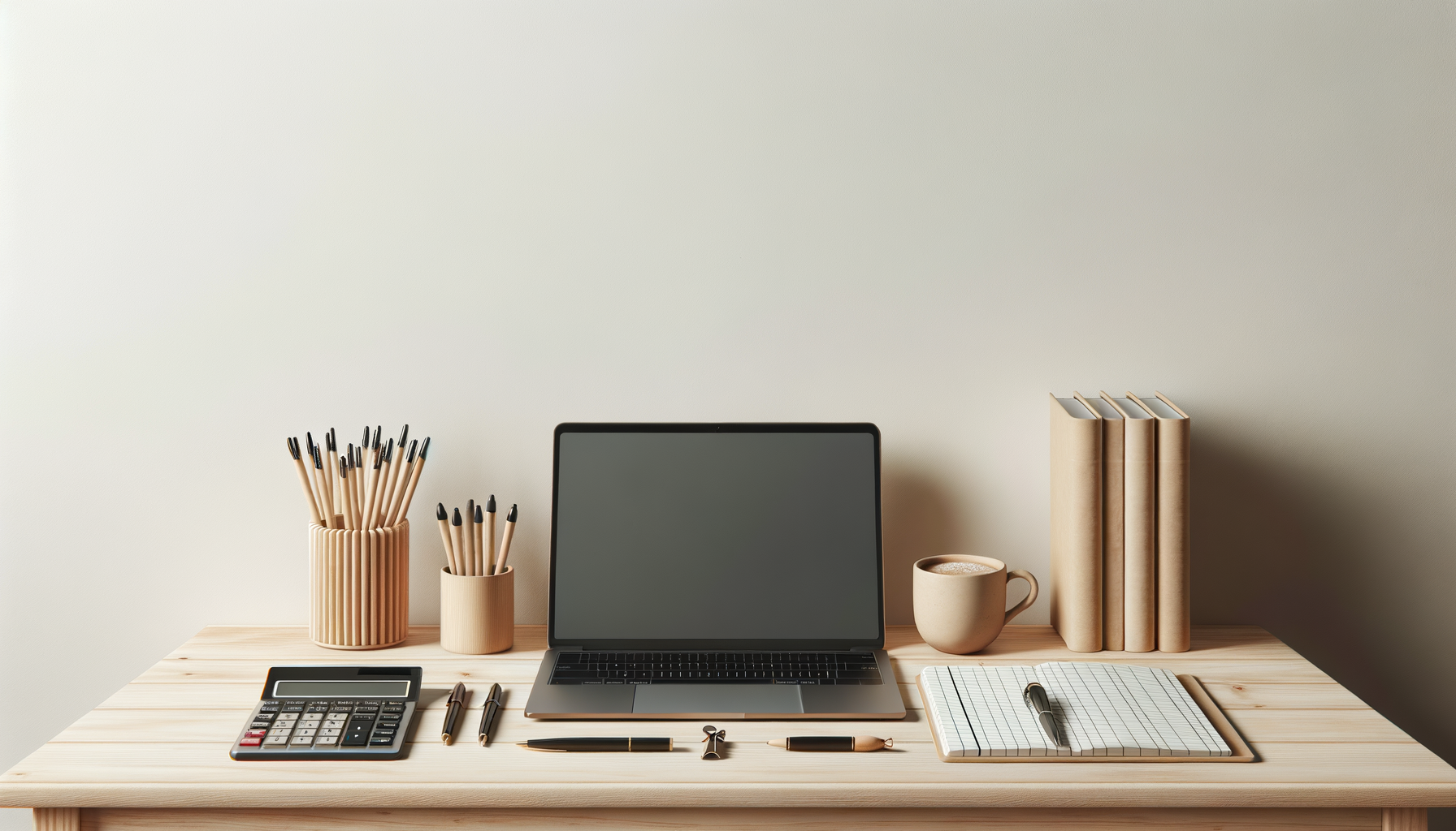Minimalist wooden desk with a laptop, calculator, pens, notebooks, coffee mug, and decorative containers of pencils.