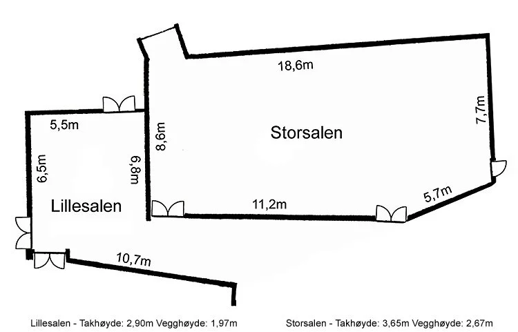 Et arkitekttegning av en boligplan med rommene Lilllesalen og Storsalen, inkludert mål for hver rom og dører.