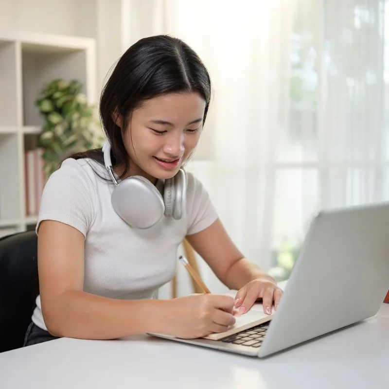 Young woman with headphones around her neck writing in a notebook while looking at her laptop in a bright room.