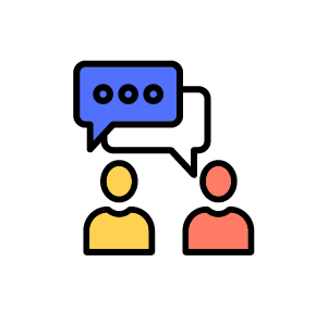 Two simplified human figures, one yellow and one pink, with a blue speech bubble containing three dots above them, indicating conversation.