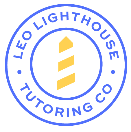 Logo of Leo Lighthouse Tutoring Co featuring a yellow lighthouse icon inside a blue circular border with the company name.