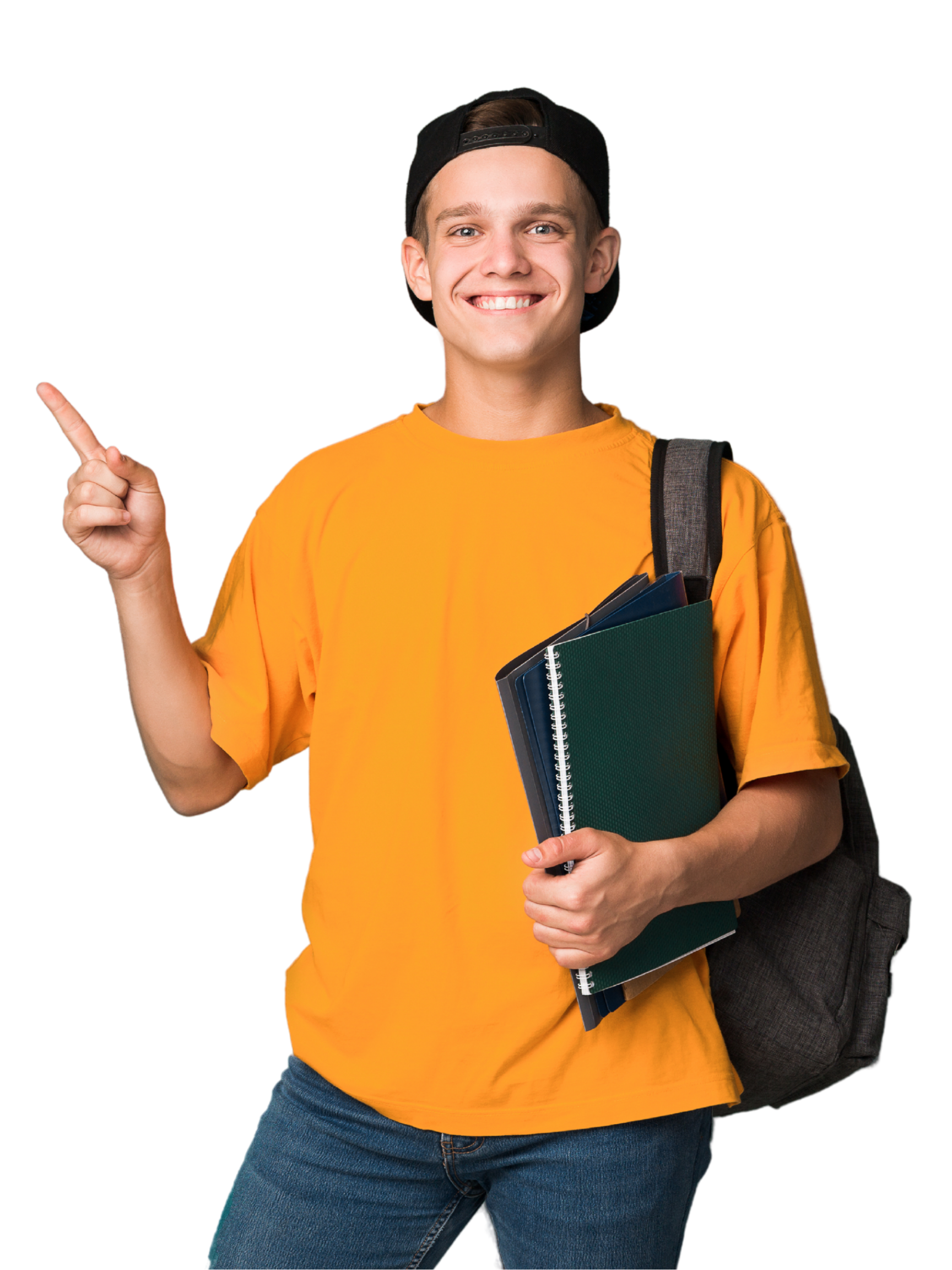 A young man smiling, wearing a yellow t-shirt and a backwards black cap, holding notebooks and a backpack, pointing to the left.