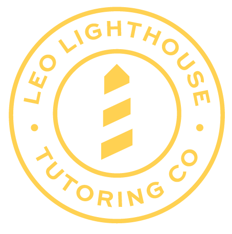 Logo of Leo Lighthouse Tutoring Co with a lighthouse icon in the center, in gold on a black background.