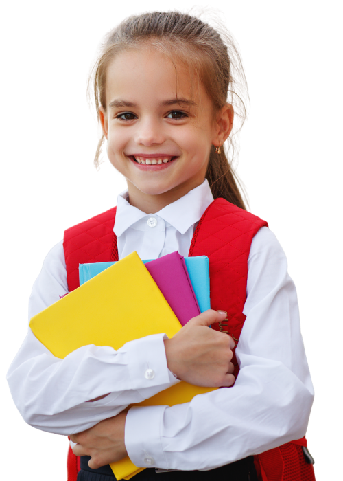 A young girl with a backpack holding colorful notebooks smiling at the camera.