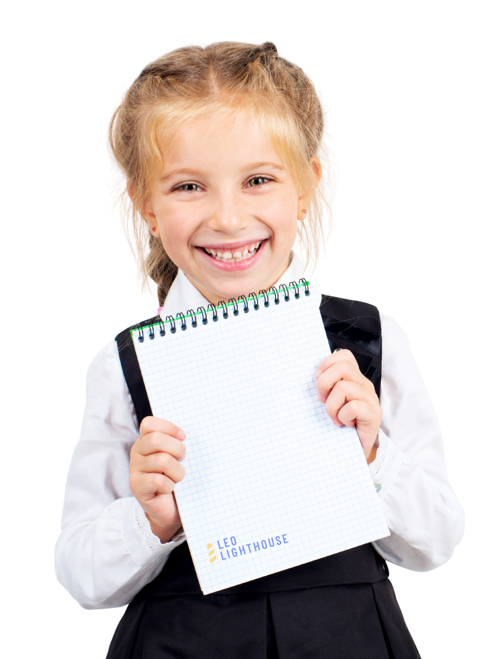Young girl in school uniform smiling and holding a notepad with 'Leo Lighthouse' logo.