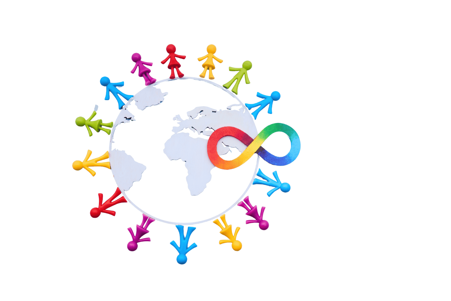 Colorful paper figures holding hands around a globe with a rainbow infinity symbol.