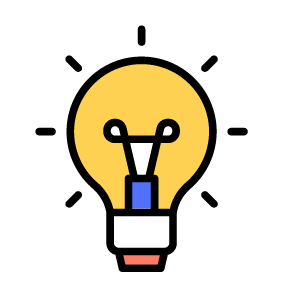 A simplistic illustration of a light bulb with a yellow glow, a blue base, and a small red rectangle below it.
