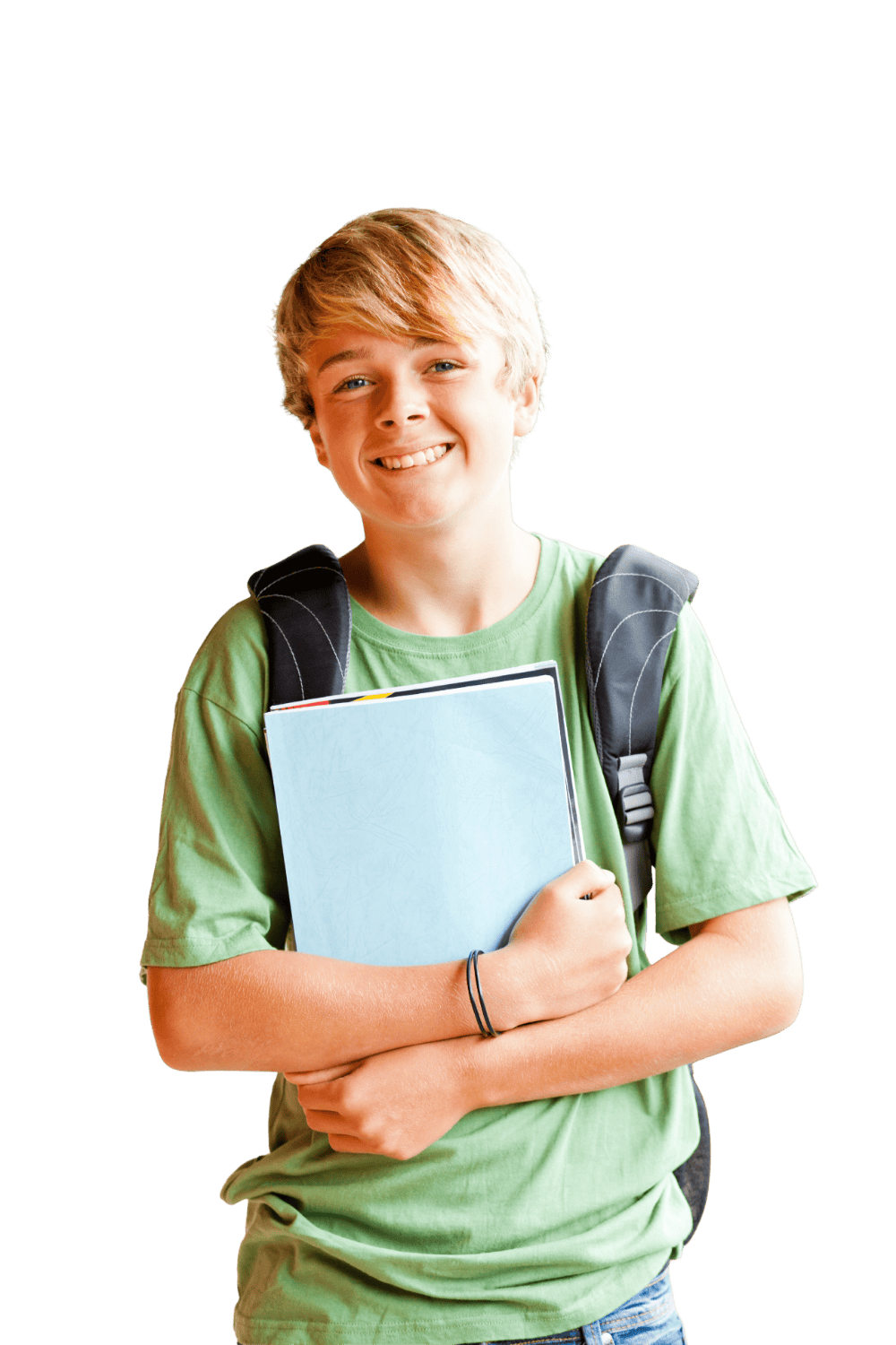 A smiling boy with a backpack holding a folder or notebook, wearing a green t-shirt.