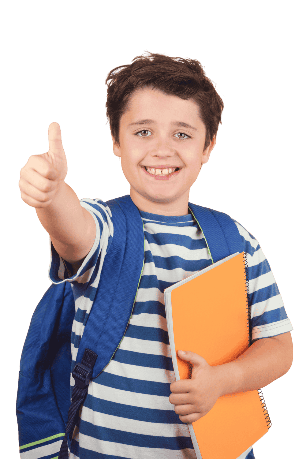 A happy young boy with brown hair, wearing a blue and white striped t-shirt, giving a thumbs-up gesture. He has a blue backpack on his shoulders and is holding an orange notebook.