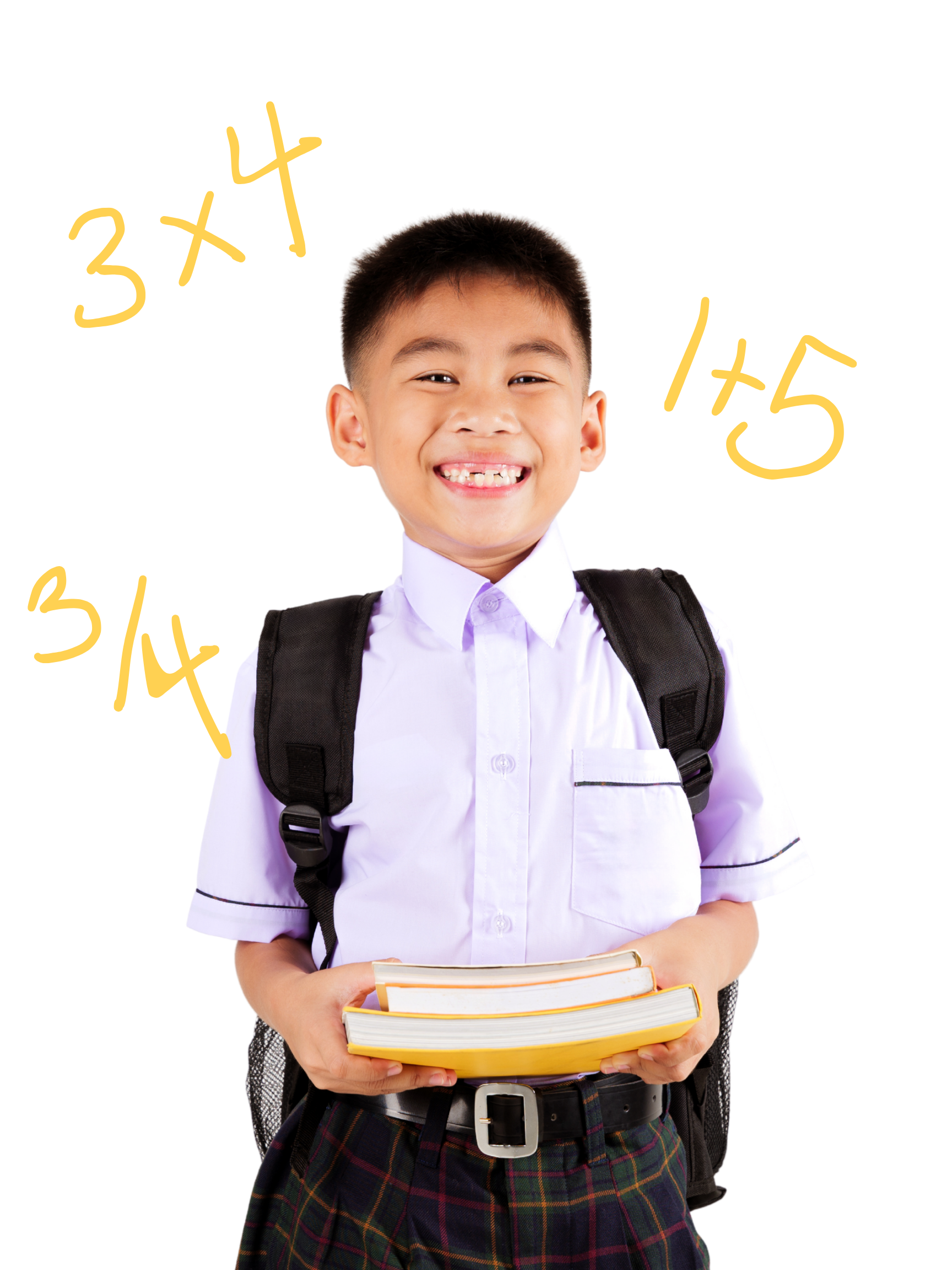 A young boy in school uniform smiling, holding books, carrying a backpack, wearing plaid shorts.
