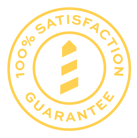 A circular badge with a black background, gold border, and text that reads '100% Satisfaction Guarantee' around the edge. The center features a gold barber pole icon.
