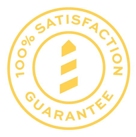 A black and gold badge with a barber pole icon in the center, surrounded by the circular text "100% Satisfaction Guarantee".