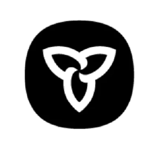 A simple line drawing of three interconnected leaves inside a circular outline.