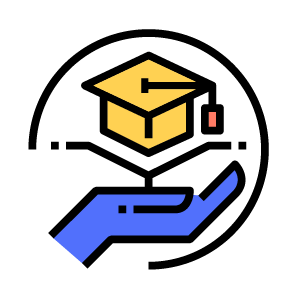 Icon of a blue hand supporting a yellow graduation cap and a red diploma against a black background.