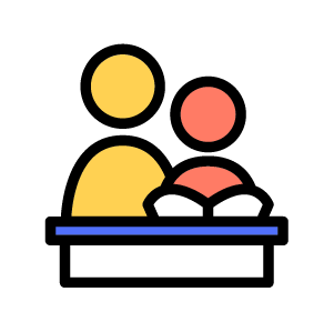 Illustration of a mother and child reading a book together, with a black background and simple shapes.