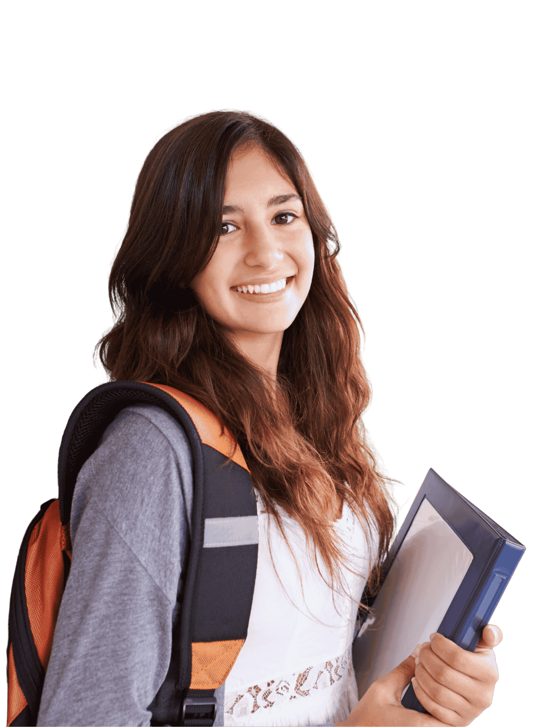 A young woman with long brown hair smiling and holding a binder, wearing a gray long-sleeve shirt, a white lace top, and a black and orange backpack.