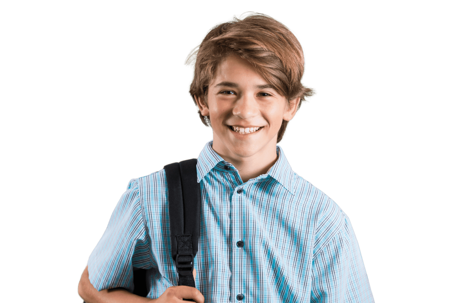 Smiling young boy with a backpack wearing a light blue and white striped shirt, standing in front of a black background.