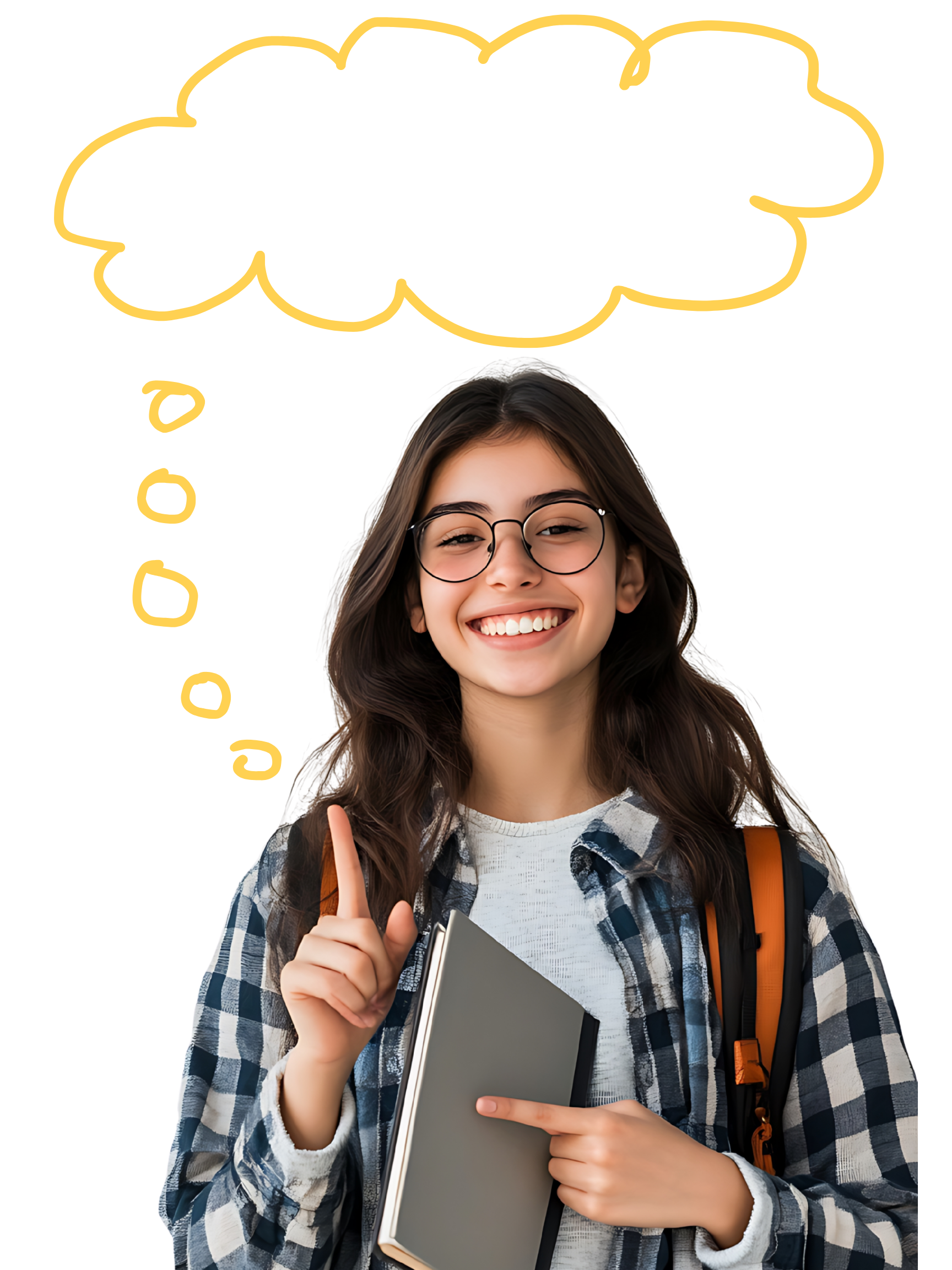 A smiling young girl with glasses holding a notebook, pointing upward with her index finger, wearing a plaid shirt and backpack, with a yellow speech bubble behind her.