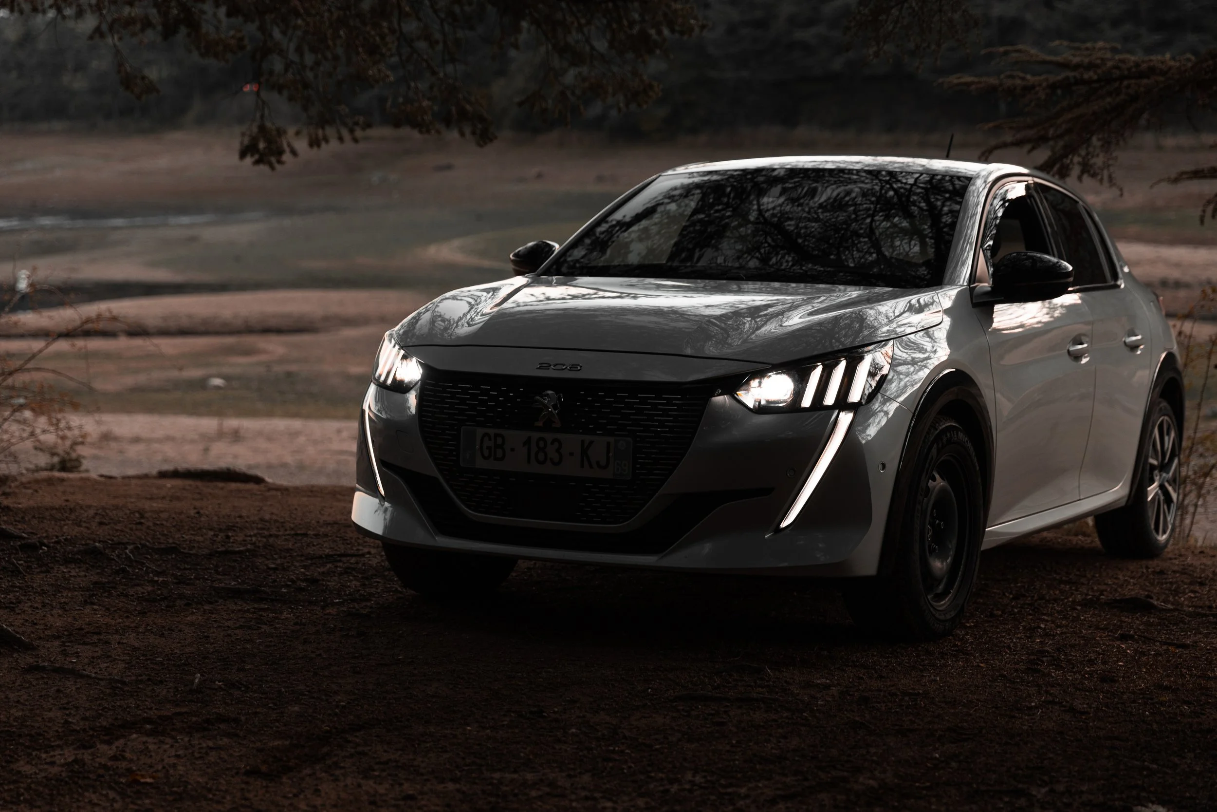 Une voiture compacte grise stationnée sur un sol en terre, avec un paysage naturel en arrière-plan et des arbres, dans un environnement calme et légèrement sombre, peut-être au crépuscule.