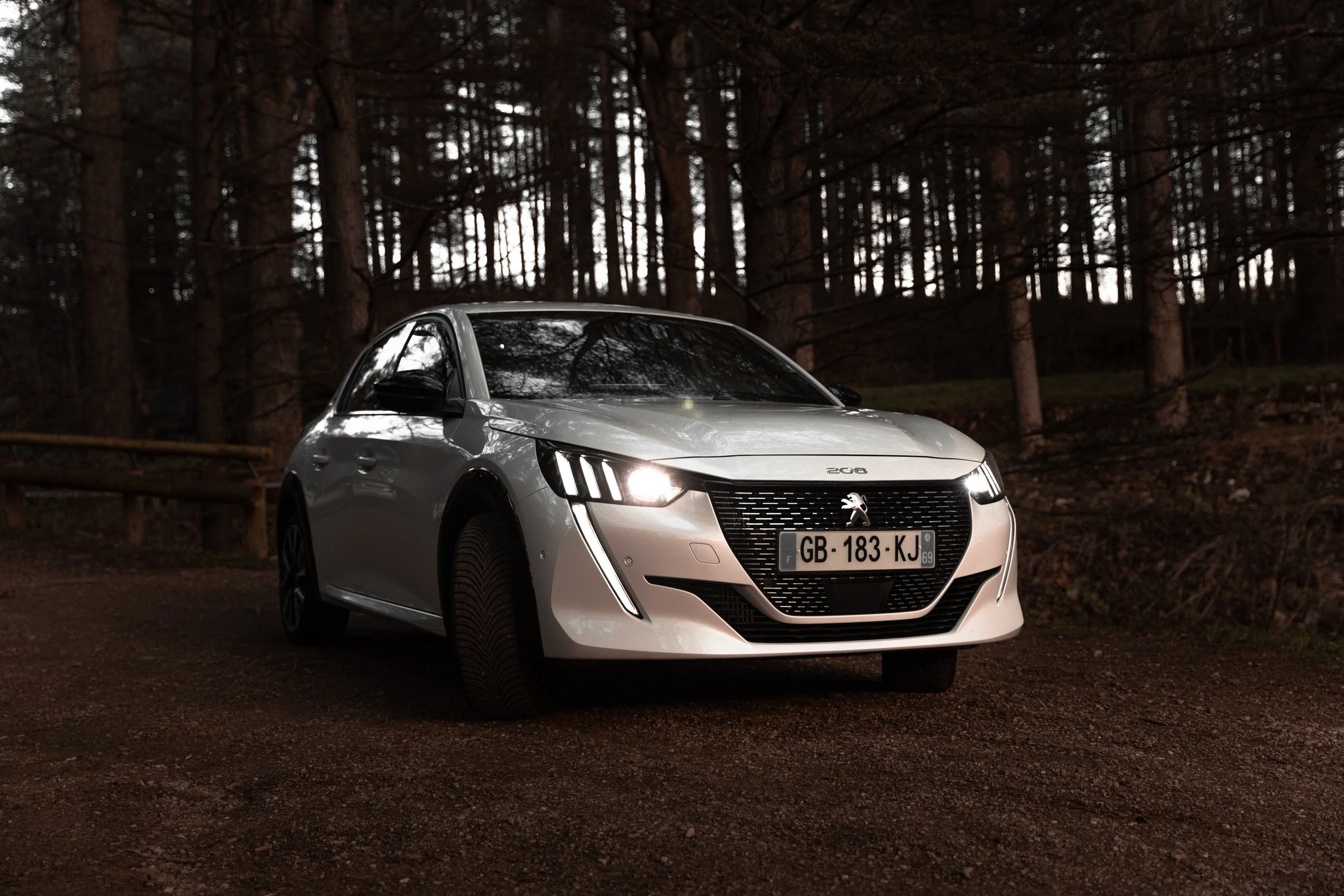 Voiture blanche Peugeot électrique dans une forêt au crépuscule