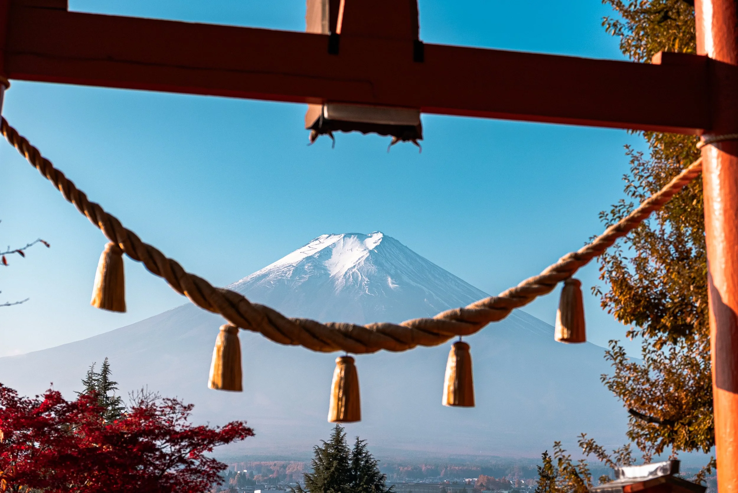 Mont Fuji enneigé vu à travers un cadre en bois avec une corde décorative et des arbres d'automne.