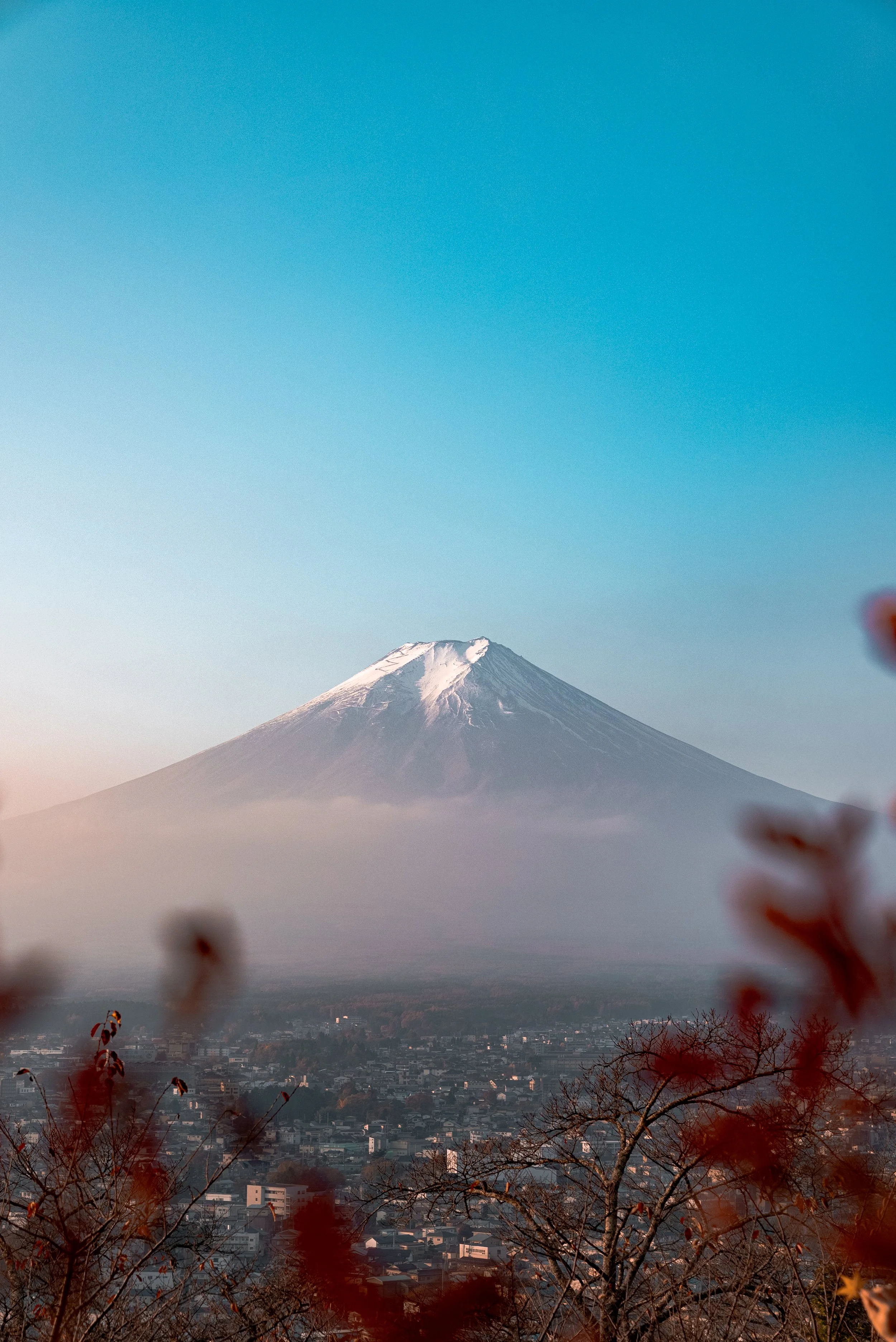 Mont Fuji avec des feuilles d'automne floues au premier plan, ville en dessous et ciel clair