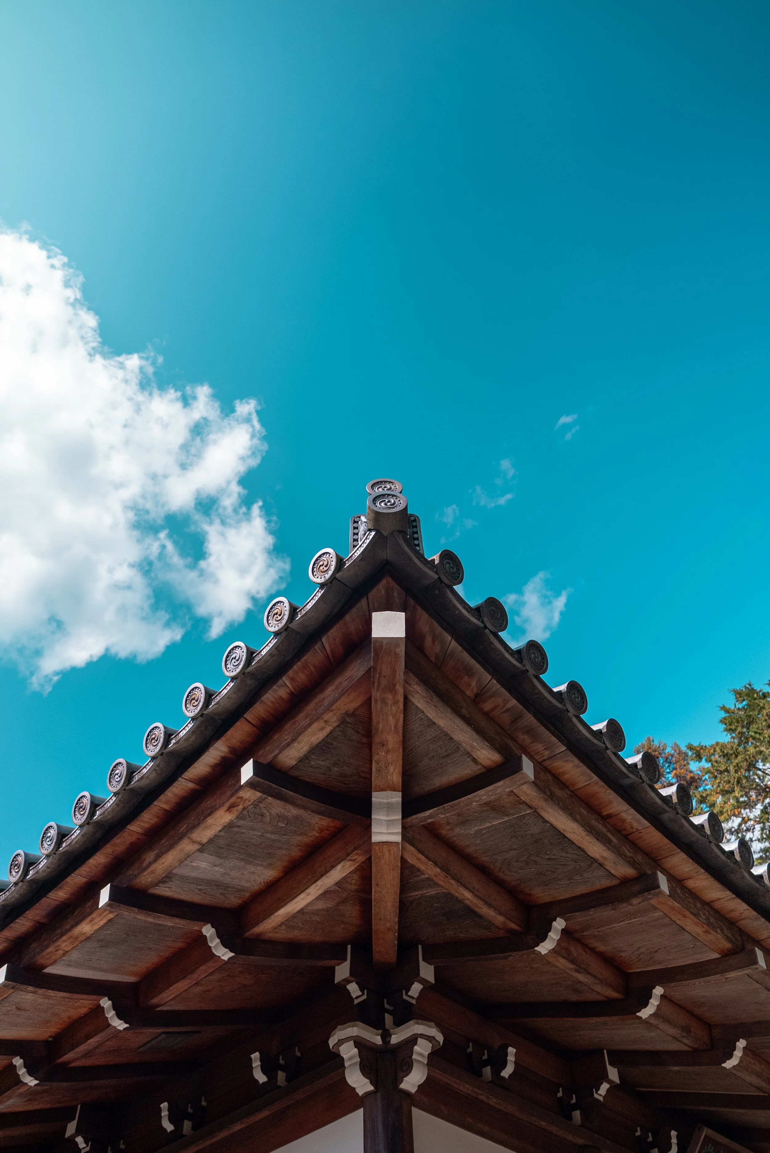 Vue du toit traditionnel japonais en bois avec tuiles, sous un ciel bleu avec quelques nuages.