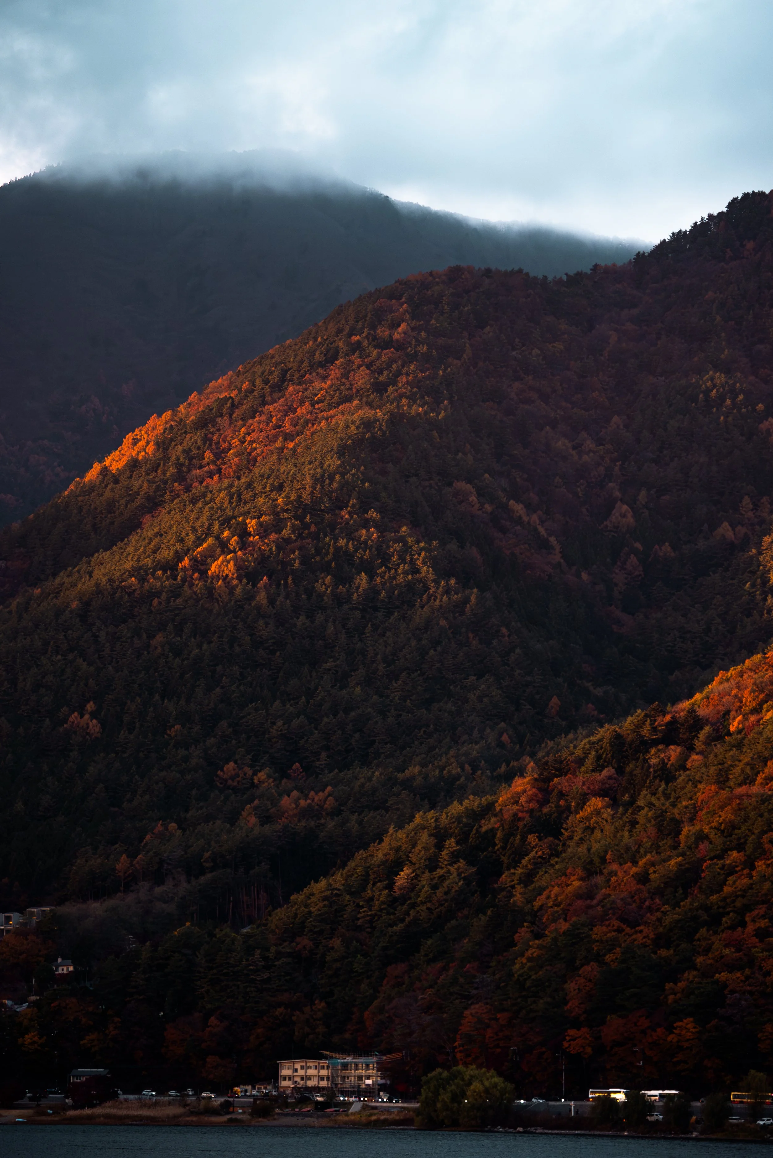 Montagnes recouvertes d'arbres automnaux avec des feuilles orange, jaunes et vertes, sous un ciel nuageux