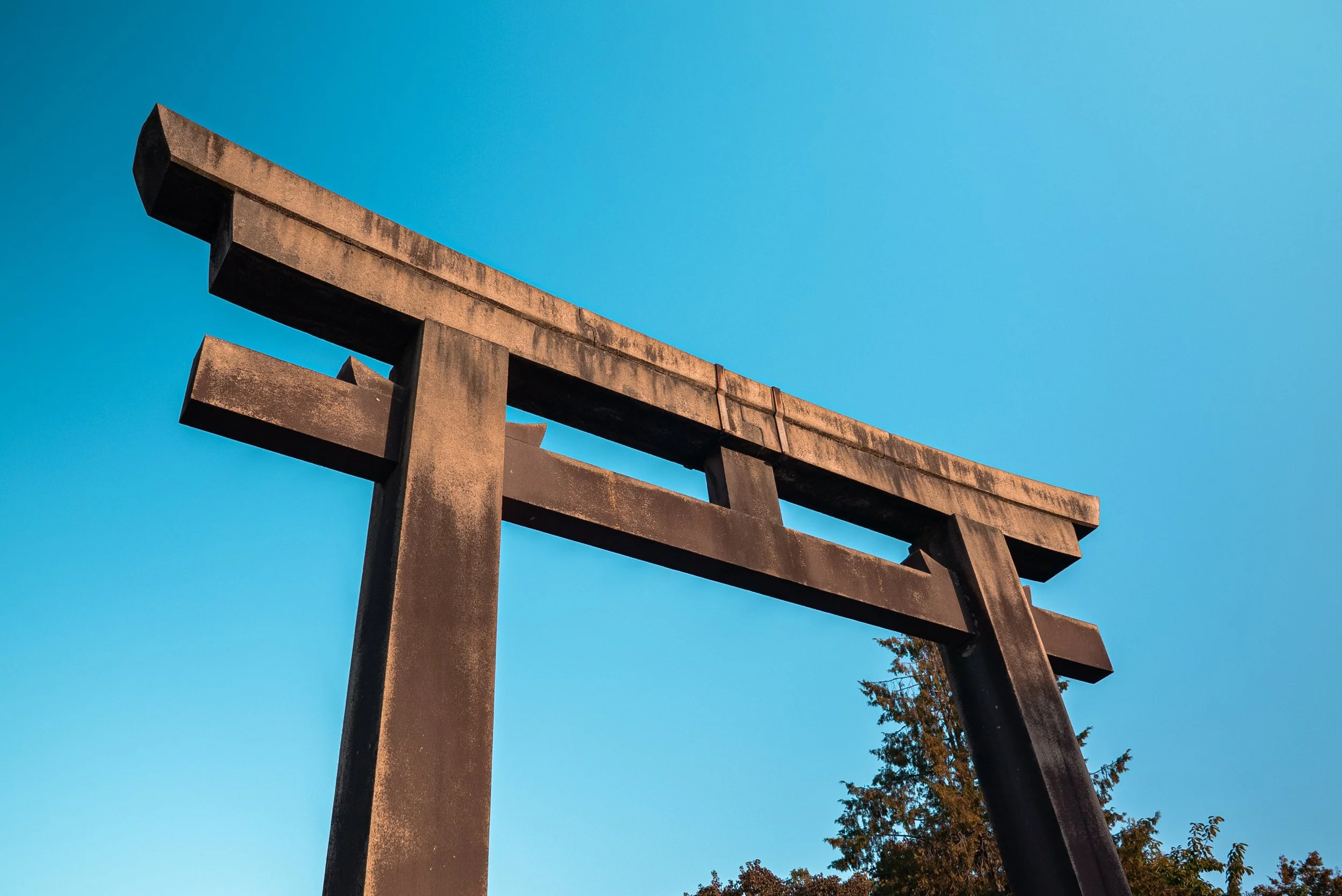 Une grande structure en métal sombre, probablement un portique ou une sculpture en plein air, avec un ciel bleu clair en arrière-plan et quelques arbres au sol.