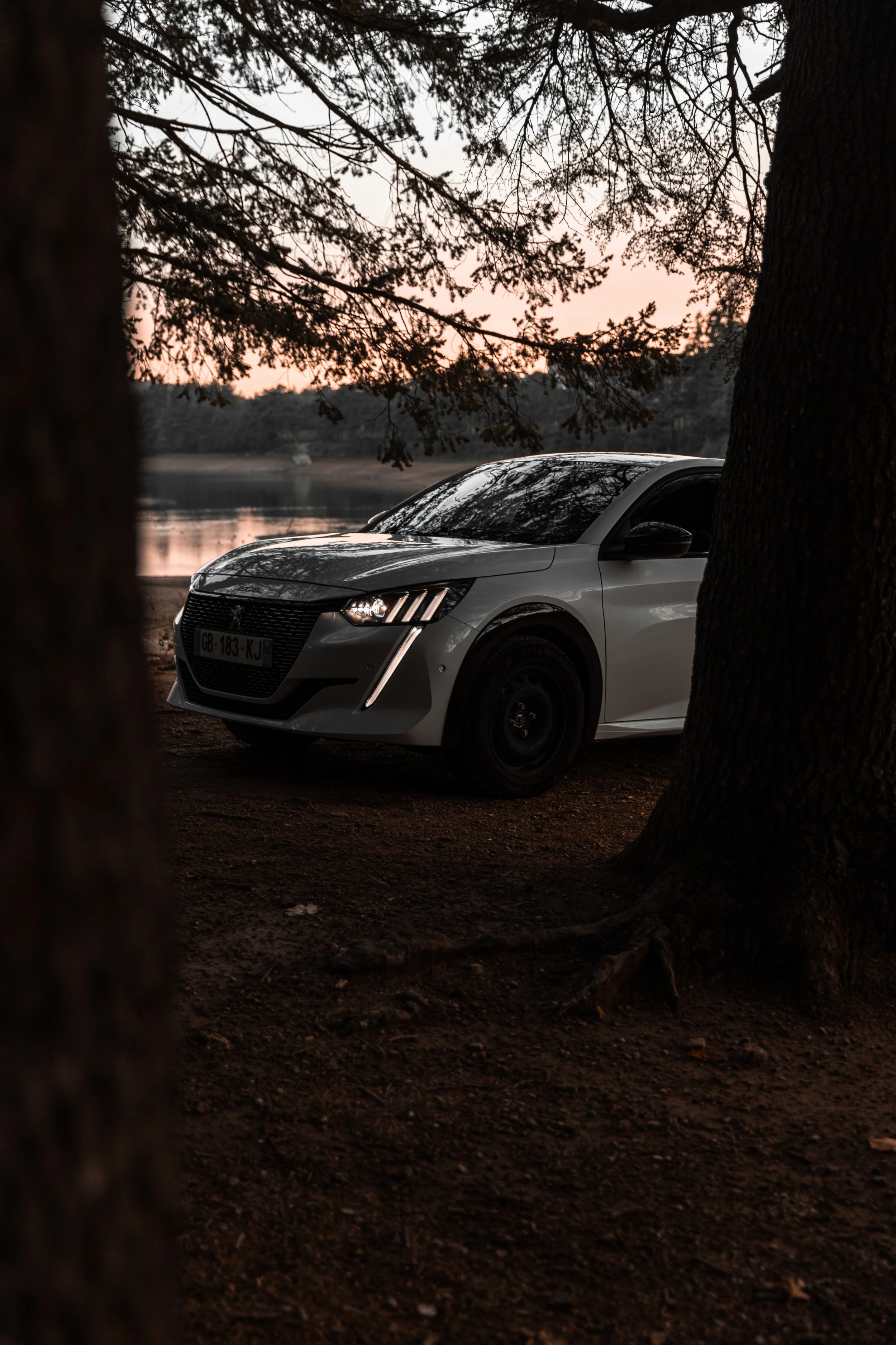 Voiture blanche garée près d'un lac, visible à travers deux arbres, lors d'un coucher de soleil.