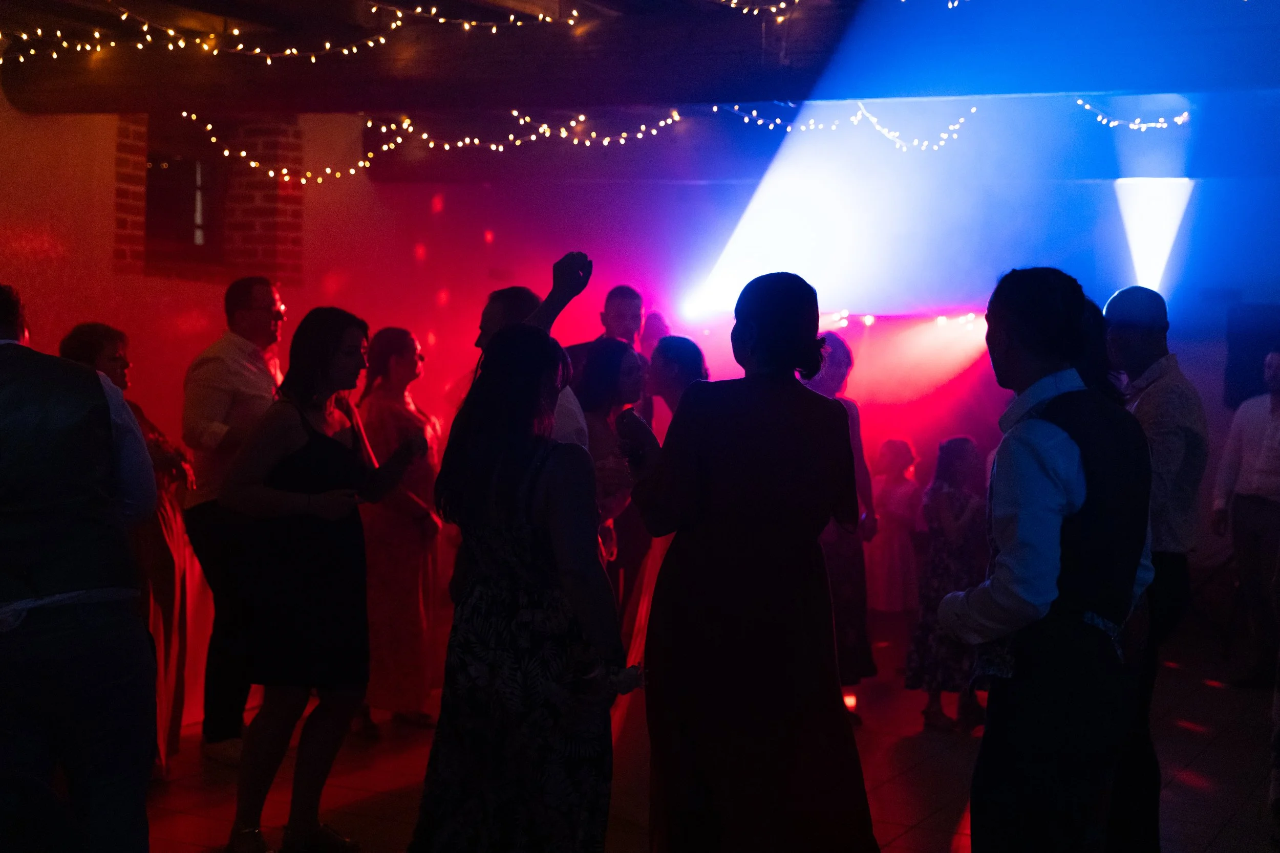 Groupe de personnes dansant lors d'une fête ou soirée avec éclairage multicolore et guirlandes lumineuses