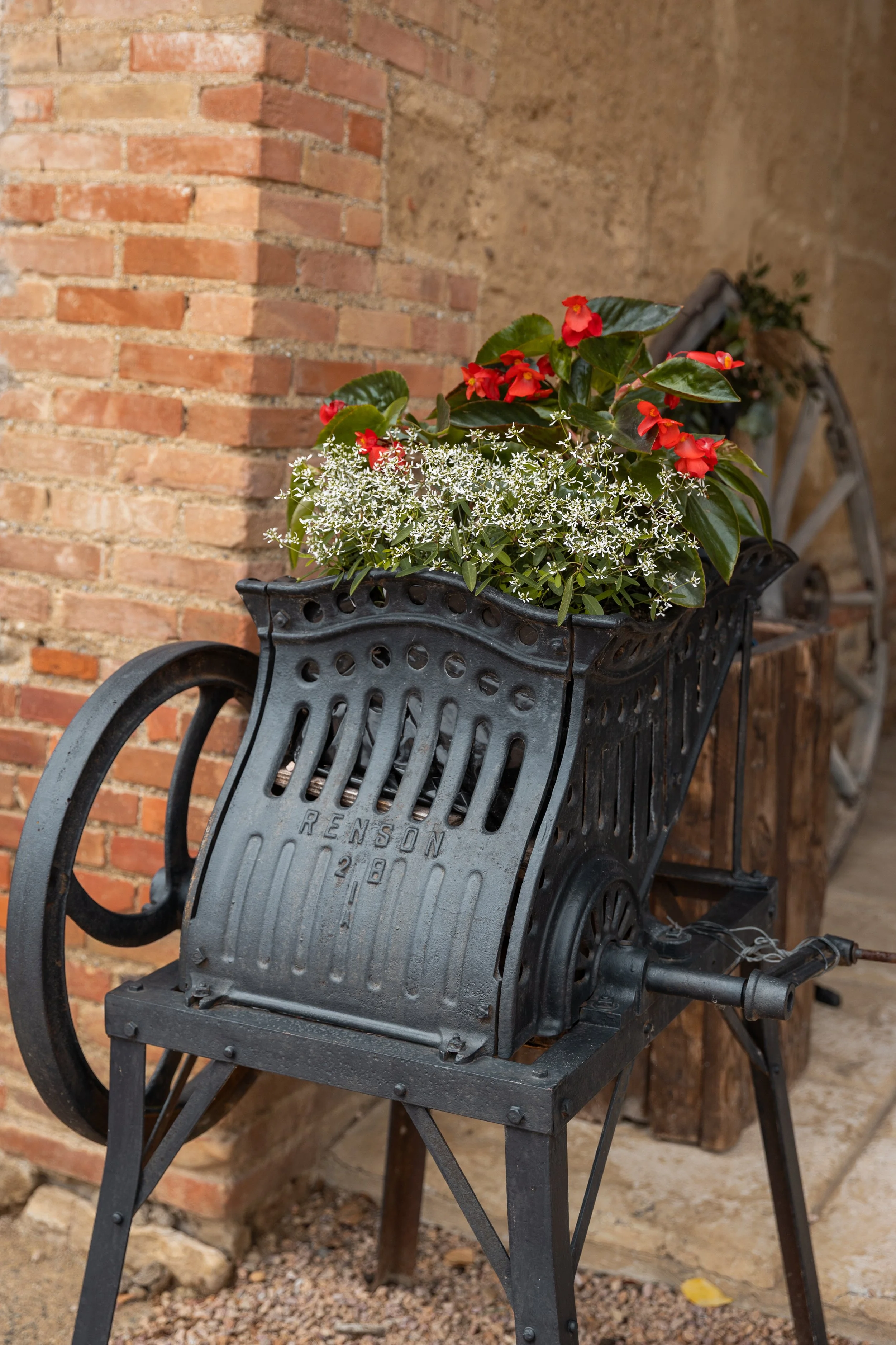Fleurs dans un ancien moulin en métal transformé en jardinière, avec un mur en briques en arrière-plan.