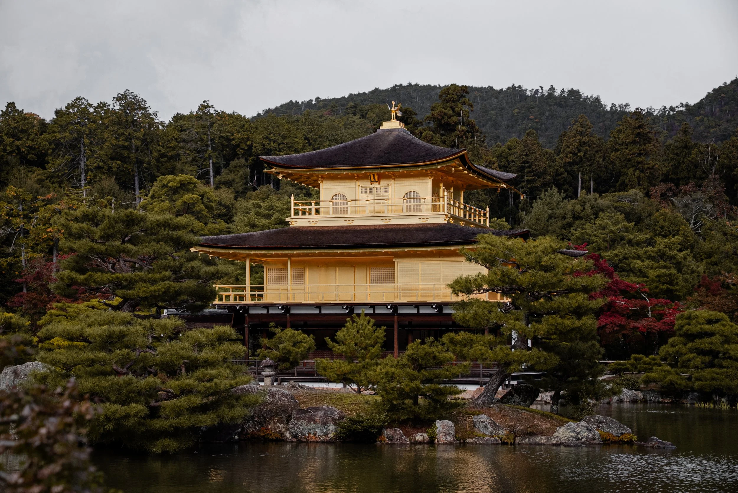 Une pagode japonaise traditionnelle entourée de verdure, avec un lac au premier plan.
