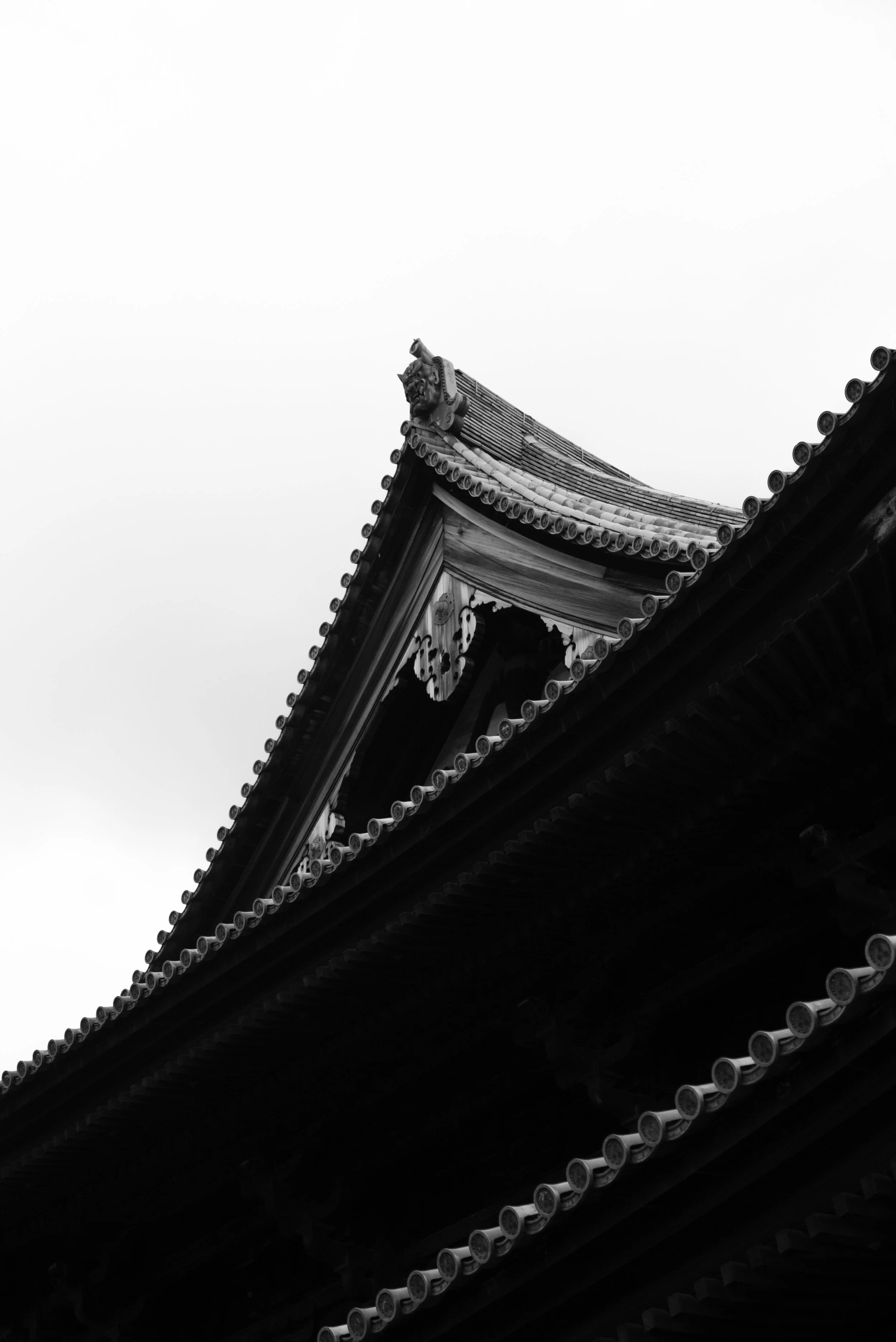 Vue en gros plan d'un toit traditionnel japonais avec des tuiles courbées et une décoration sculptée sur l'avant-toit, en noir et blanc.