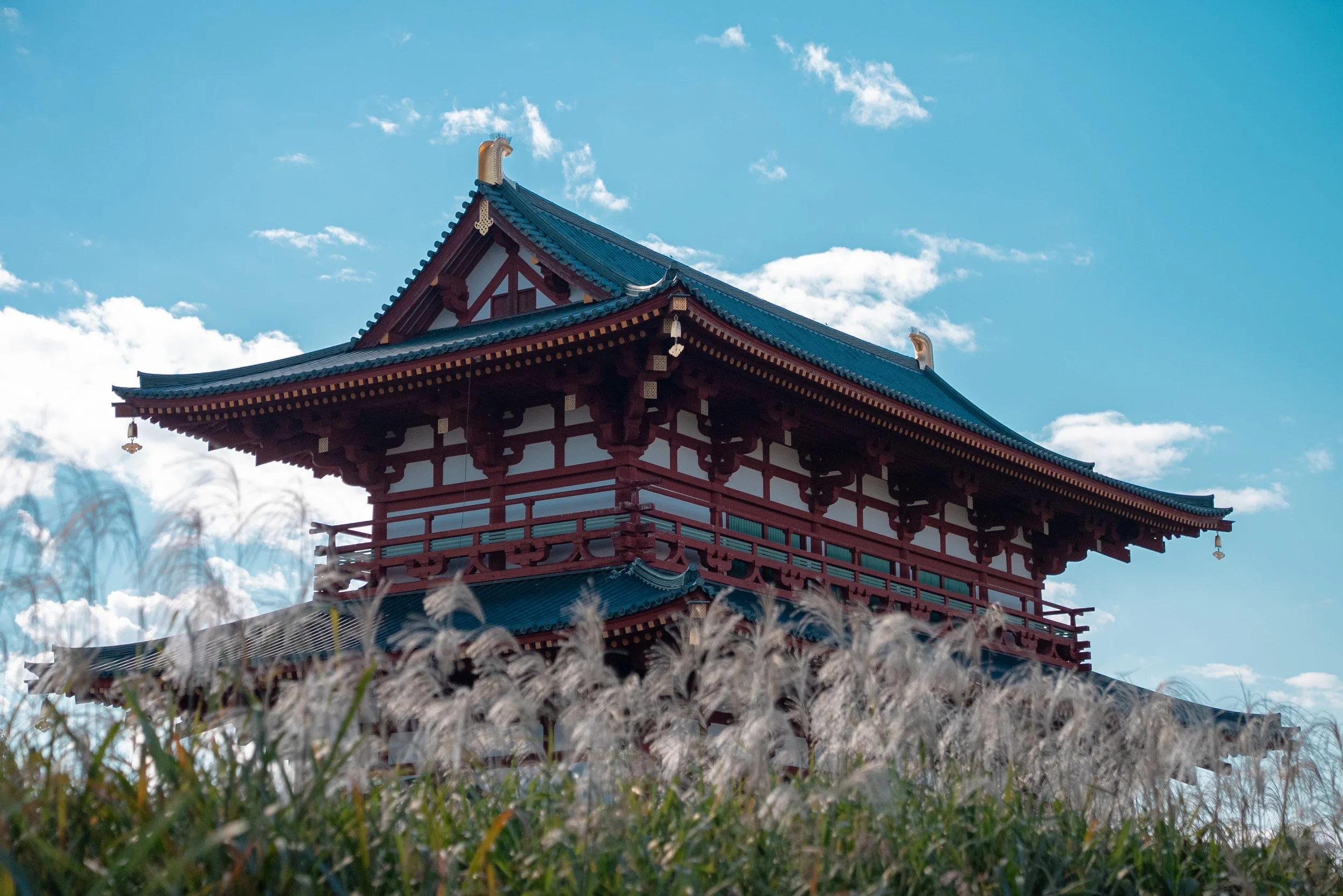 Un bâtiment traditionnel japonais avec un toit en tuiles bleues et une structure en bois rouge, sous un ciel bleu avec quelques nuages, entouré d'herbes grasses