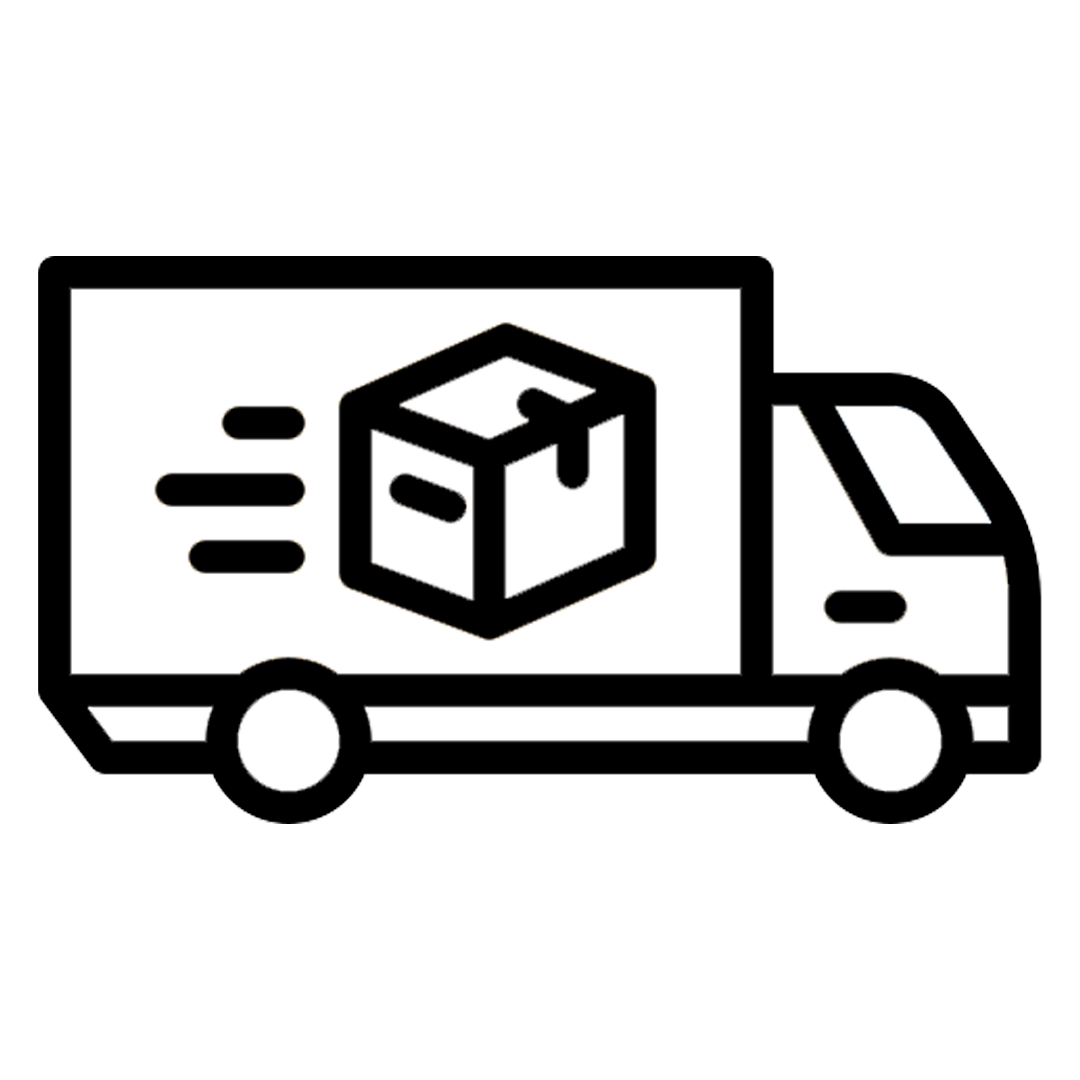 Ilustración de un camión de reparto con un símbolo de redes y tecnología en la caja de carga, y una caja con código binario en el centro.