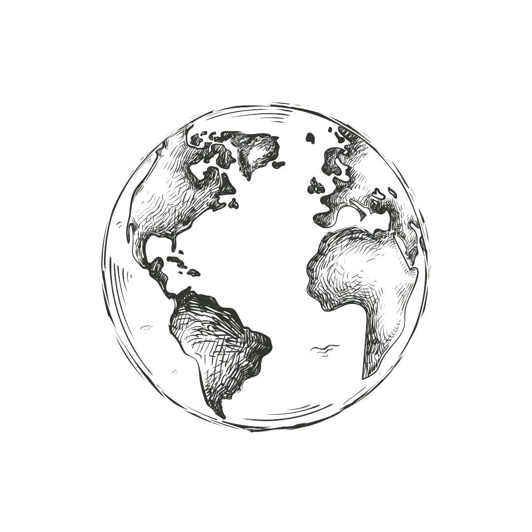 Dibujo en blanco y negro del planeta Tierra, mostrando América, Europa, África y parte de Asia, en un fondo negro.