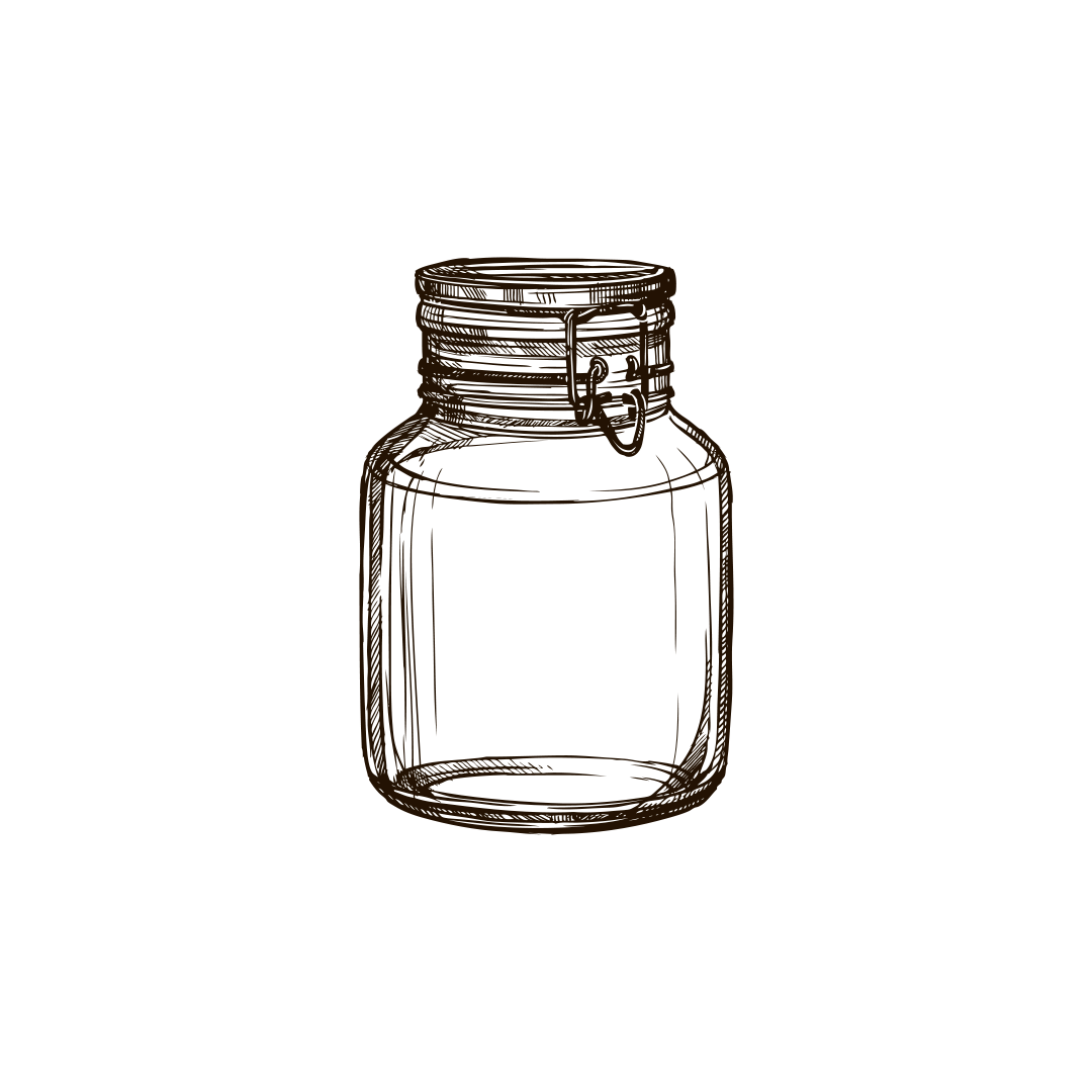 Bote de vidrio con tapa de cierre de correas metálicas y anillo, línea de dibujo