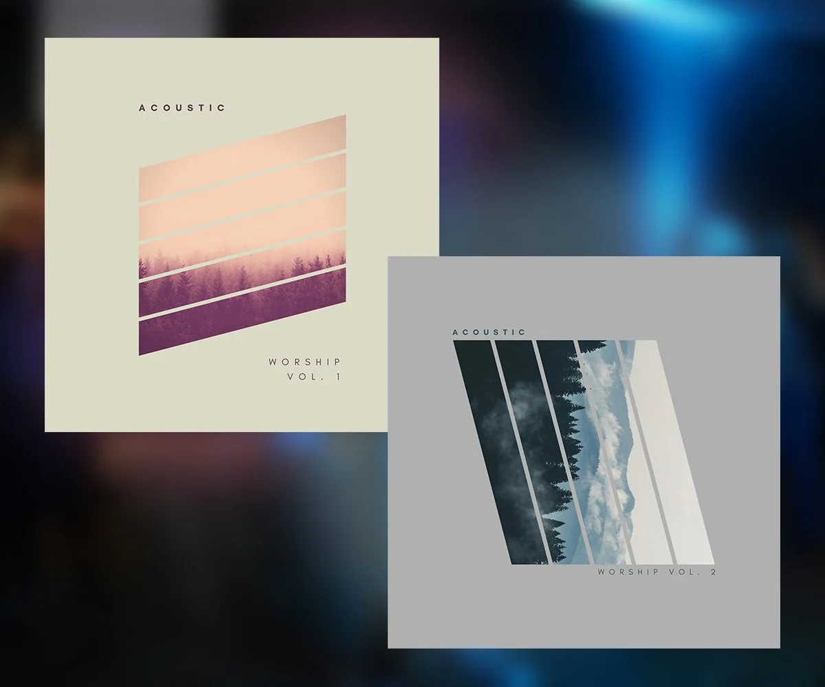 Two album covers with the word "ACOUSTIC" at the top. The left album, titled "WORSHIP VOL. 1," features a pastel-colored landscape with trees and horizontal lines. The right album, titled "WORSHIP VOL. 2," shows a darker mountain landscape with trees and clouds, divided by angled lines.