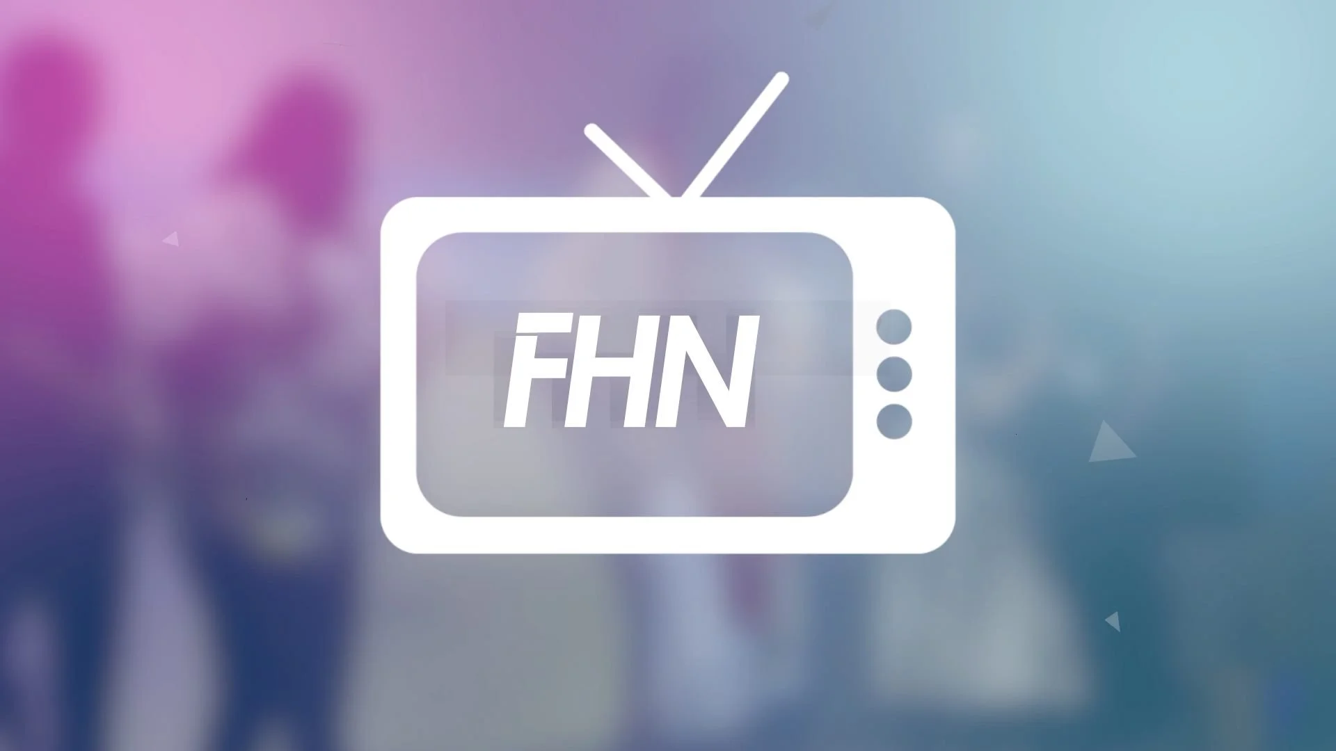 Blurred background of people with purple and blue colors, overlaid with a graphic of a retro television set and the letters 'FHN' on the screen.