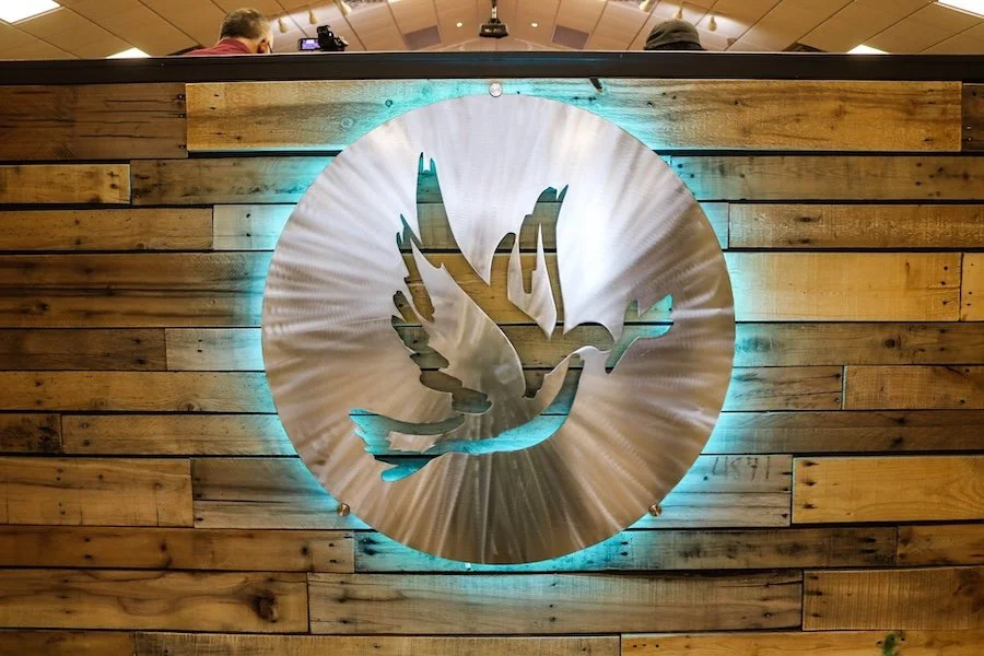Metal wall art of a dove with a sprig in its beak, mounted on a wooden plank wall with blue lighting.